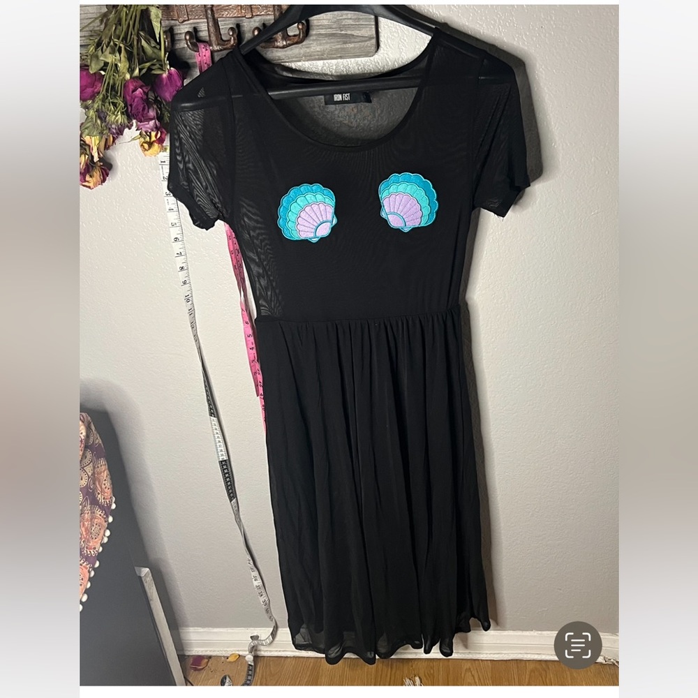 Iron fist | mermaid black mesh midi casual dress with seashell “bra”. Medium.